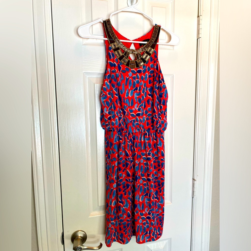 Thalia Sodi Hibiscus Dress, Beaded Mesh Collar, Small